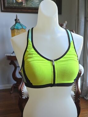 Victoria's Secret Neon Green Front-Zip Sports Bra with Black Trim